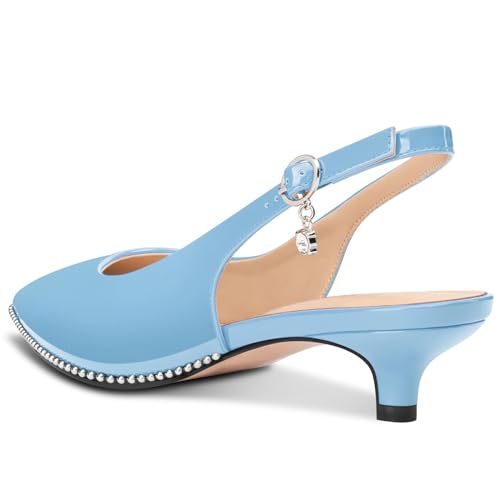 Image of TNYNFBEB Womens Low Kitten Heel Close Pointed Toe Pumps Slingback Silver Beaded Buckle Prom Party Dress Patent Leather 1.4 Inches Heels