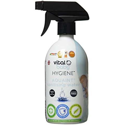 Vital Baby Hygiene AQUAINT® Sanitising Water Kills 99.9% of Germs - Baby Safe - No Alcohol, Fragrance or Harmful Chemicals - Safe to Swallow - Sanitise Baby Bottles, Soothers, Toys & Surfaces - Vegan Cover