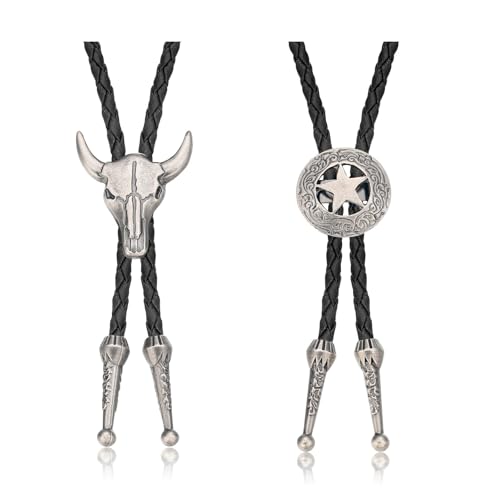 FveVqe 2Pcs Cowboy Necklace, Cowboy Neck Tie, Gold Leather Bootlace Tie Fashion Retro Neckties Pendant, Western Cow Skull Cowboy Tie Cow Skull Ranger Star Chain Gift for Husband Dad