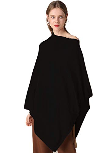 Women's black cashmere poncho Luxury light weight cashmere ruana wool ponchos for women over sized knit poncho Pashmina Autumn Winter Solid Knit cashmere wool cape Sweater Coat (9018 Black, One Size)