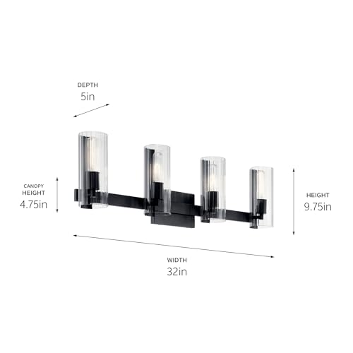 Image of Kichler Jemsa 4-Light Bathroom Vanity Light Fixture with Clear Fluted Glass in Black, Modern Wall Mount Vanity Lighting for Bathroom Over Mirror (9.75 in x 32 in), 55169BK