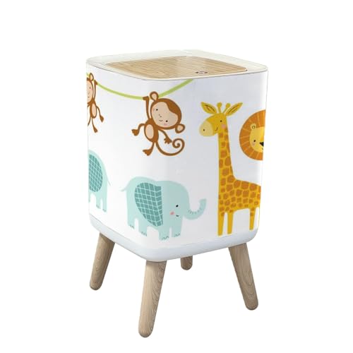 Image of Trash Can with Lid A Set Cute Jungle Animals Elephant Lion Giraffe Monkey Garbage Can Rectangular Waste Bin Press Cover Dog Proof Wastebasket for Kitchen Bathroom Living Room Nursery