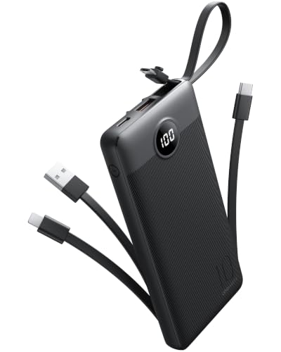 Coowisty Portable Charger with Built-in Cables, Slim 10000mAh Power Bank with USB C, Travel...