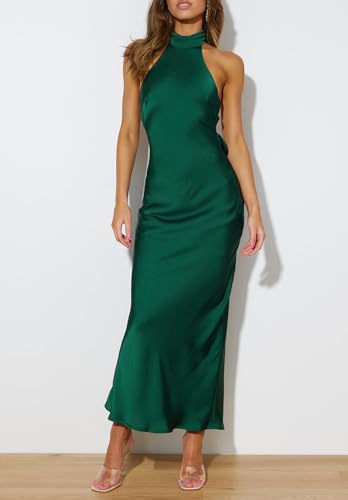 Image of Women Summer Satin Halter Neck Backless Formal Wedding Guest Maxi Dress