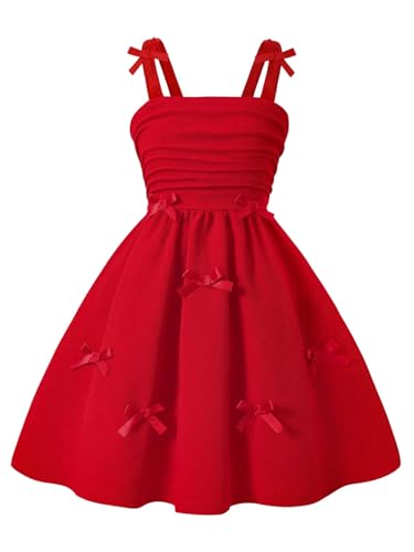SOLY HUX Toddler Girls Bow Cami Dress Ruched Sleeveless A Line Flared Cute Birthday Party Midi Dresses Pure Red 6Y