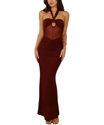 Women's Sexy Halter Backless Maxi Dress Mesh Patchwork Cut Out Sleeveless Bodycon Long Dress Ruched Cocktail Dresses3