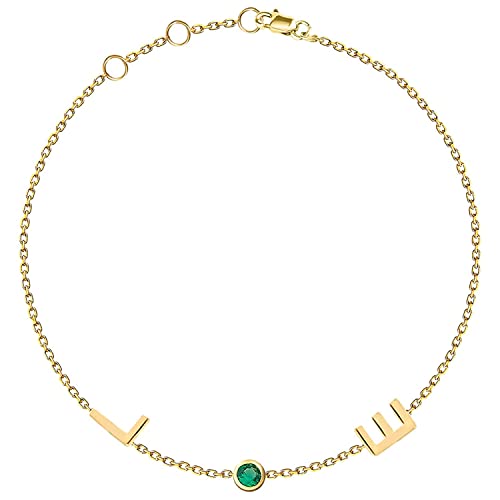 14k Gold Sideways Letter Bracelet, 14k Gold or Silver Custom Initial Bracelet, Personalized Birthstone + Letters Bracelet, Multiple Solitaire Diamond + Letters Alphabet Bracelet for Women Girls - Image 6