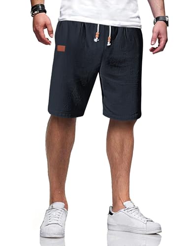 TARAINYA Pantalones Cortos Hombre Algodón Lino Cordón Verano Casual Shorts con Bolsillo Azul Marino M