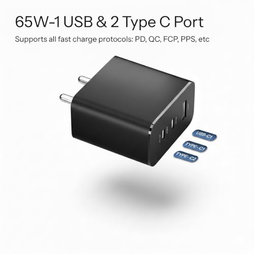 Image of 65W Gan Trio Charger Adapter | 3 Port USB Type C to A Fast Wall Charging Adaptor Compatible with CMF Phone 1|Nothing Phone 2a Plus|2A|Phone 2(Dark Grey)