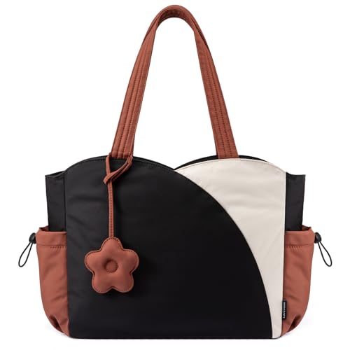 LOVEVOOK Tote Bag for Women, Puffer Tote Bag with Zipper, Work Bags for Teacher Nurse College, Handbag With Water Bottle, Teacher Tote for Travel, Daily, Beige-black-brown