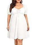 Pinup Fashion White Plus Size Dress Summer Casual Graduation Short Puff Sleeve Flowy Smocked Ruched A Line Babydoll Cute Mini Dresses