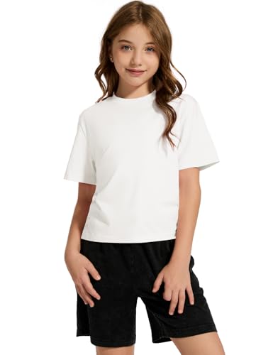 Flygo 2 Pack Crop Tops for Girls Cute Ruched Cotton T-Shirts Short Sleeve Tee Shirts Summer Crewneck Basic Tshirt 7-14 Years2
