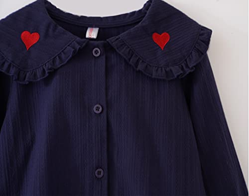 Girls’ Long Sleeve Button-Down Blouse Wide Peter Pan Collar Dress Shirts 9 Navy, 4-5T3