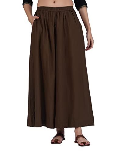 Image of fabcoast Loose Fit Palazzo Pants for Women A-Line Flared Wide Leg Summer Ethnic wear Pure Cotton Cambric with Full Elastic Waistband and 2 Side Pockets