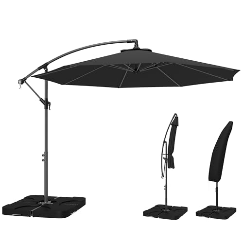 Outsunny 3 m Cantilever Parasol with Umbrella Weights, Cross Base, Offset Outdoor Umbrella with Protective Cover, Crank Handle, Hanging Sun Shade, Black