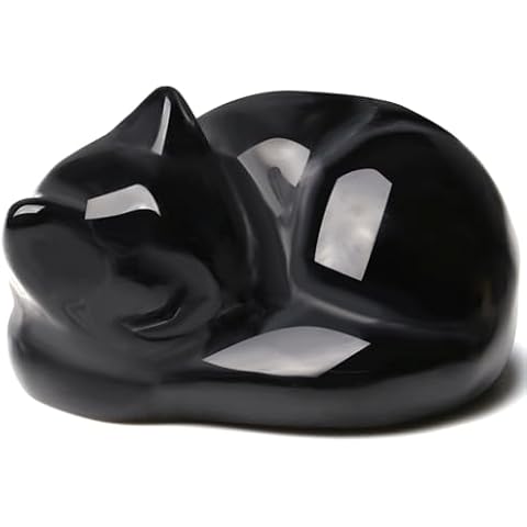 QINJIEJIE Black Obsidian Cat Crystals and Healing Stones Figurine Sleeping Cat Decor Stone Statue Gift Carved Gemstones Sculpture Office Home Desk Lucky Kitten Cute Decoration for Cat Lover Men Women Cover