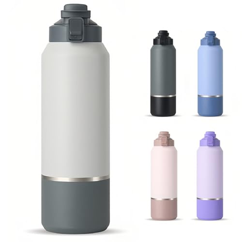 水筒 大容量 ステンレスボトル 1.2リットル 保冷 保温 スポーツ アウトドア ウォーターボトル ワンタッチ 取っ手付き 直飲み 洗いやすい (グレー, 1200ml)