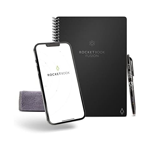Rocketbook Fusion Reusable Digital Notebook - Smart Notepad A4 Black, 7 Styles, To Do List, Daily Journal, Weekly & Monthly Planner, with Frixion Erasable Pen, Office Gadget Reduces Paper Waste Cover