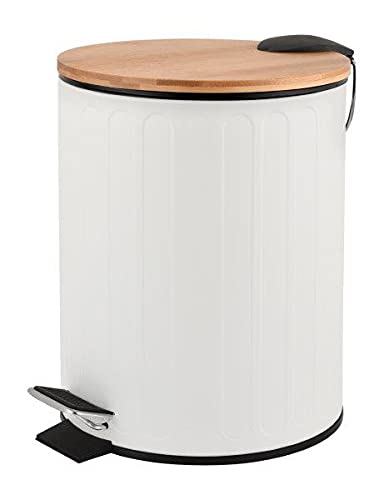 Poubelle de salle de bain NOBI rétro avec couvercle en bambou et pédale en métal revêtu par pulvérisation mat et bambou (blanc, 3 L) Cover