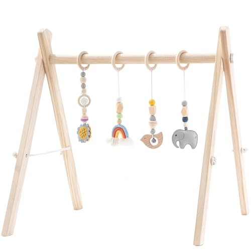 Toyking Foldable Wooden Baby Play Gym with 4 Sensory Hanging Toys, Montessori Infant Activity Frame for 0-12 Months