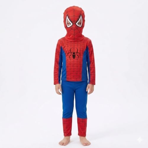 Image of Raj Costume Boys Superhero Costume Set with Mask | Blue Red Full Sleeve T-Shirt & Track Pants | Kids Fancy Dress for Birthday Party, School Function|Stretchable Comfortable
