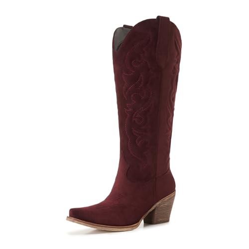 AITTA Suede Cowboy Boots for Women - Western Knee-High Cowgirl Boots with Classic Embroidery, Snip...