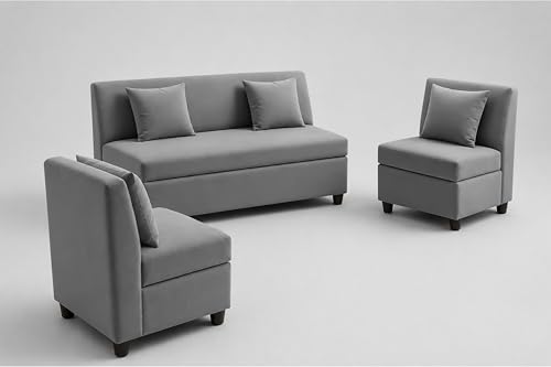 Image of 3+1+1 Modern Velvet Fabric Sofa Set for Living Room | Three Seater Sofa with 2 Single Seater Chairs | for Home, Office| Grey