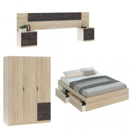 Mobelcenter, Conjunto Dormitorio Matrimonio Oxido, Color Roble Canadian y Oxido, Cabezal para Camas de 135 y 150 cm, 2 Mesitas de 3 cajones, Armario 3 Puertas 3 Cajones y Cama con 4 cajones (P0021)