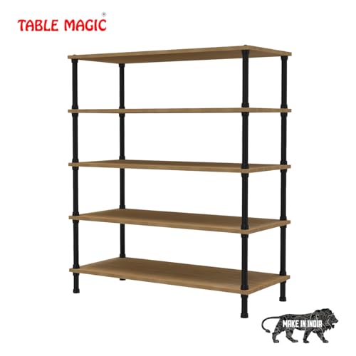 Image of TABLE MAGIC Jazz Shoe Rack Wooden Organizer | 5-Tier Multipurpose Shoes Stand for Home Wooden Shelves with & Steel Frame, Space-Saving Home Organizer, D30 x W60 x H85cm - Golden Teak