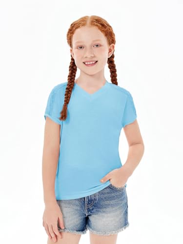 Image of Haloumoning Girls V Neck T-Shirts Kids Summer Swiss Dot Short Sleeve Tops Cute Fashion Tees 5-14 Years