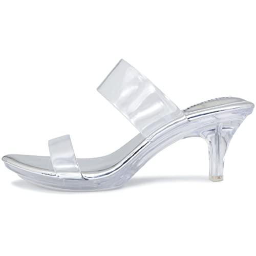 Image of NBUUNBU Clear Heels for Women Silver Black Heels Little Platform Sexy High Heels Sandals Stiletto Kitten Open Toe Dress Shoes Comfortable Double Transparent Strap Heeled Sandals Mule