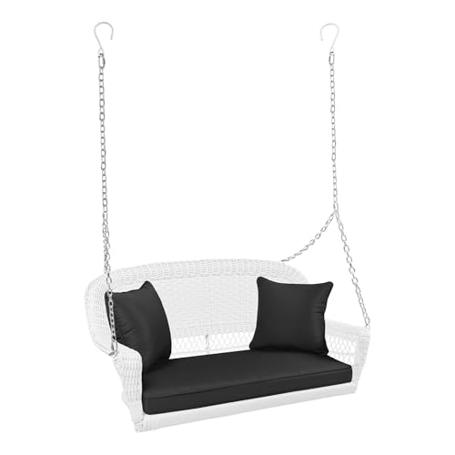 Jeco Wicker Porch Swing with Black Cushion, White