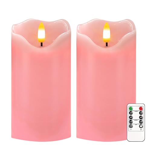 Image of VEEKI Flameless Candles Light, Set of 2 6 inchx3 inch Flickering LED Candle with Remote & Timer, Dimmable Electric Pillar Candles Battery Operated, Pink Candles for Valentine's Day Xmas Home Decor (2PC)