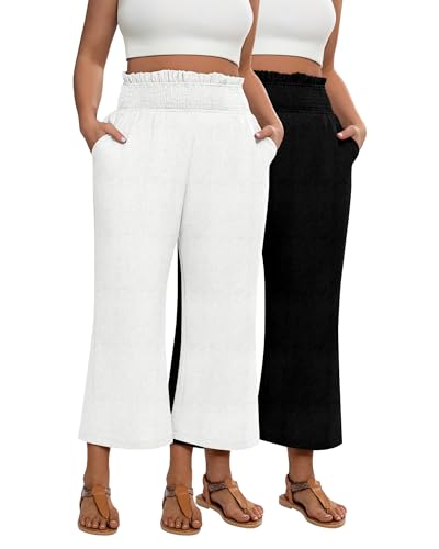 2 Pack Women's Plus Size Linen Pants, Elastic Waist Flowy Cropped Pants Casual Wide Leg Capri Palazzo Trousers
