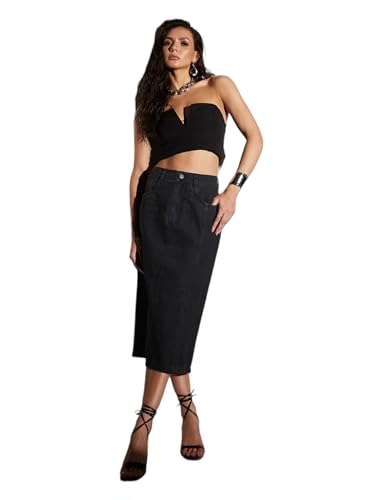 Jupe midi en denim extensible pour un style urbain chic et confortable au bureau