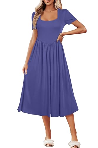 Newshows Women's Summer Square Neck Ribbed Knit Short/Long Sleeve A Line Flowy Midi Dress with Pockets
