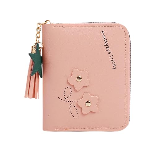 Bolsa feminina pequena de poliuretano com floral e borla, carteira compacta com 4 compartimentos para cartão, 2 compartimentos e bolso com zíper, bolsa portátil para viagens, compras (rosa)