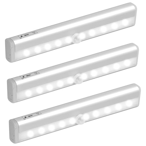 Jinlaili 2 Piezas Luz Armario, 10 LED Luz Nocturna con Sensor de Movimiento, Funciona con Pilas, Lámpara Nocturna con Tira Magnética Adhesiva, Luces de Noche para Pasillo (3PCS Blanco frio)