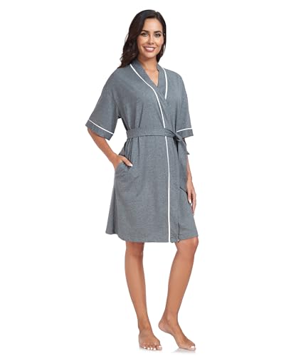 Image of ANLIQI Womens 100% Cotton Robes Lightweight Summer Short Sleeve Lady Bathrobe Knee Length Kimono Robe Sleepwear with Pockets