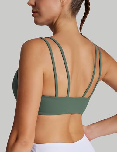 Image of Yoga Sports Workout Bras for Women Seamless Molded Cup Spaghetti Double Strap Bra Wirefree Scoop Neck Tank Top Bras