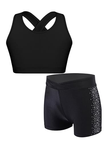 Kids Girls 2 Pieces Outfits Sports Suit Cross Back Sleeveless Sport Bras with Rhinestones Shorts for Sport Dance2