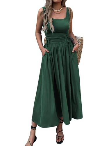 Image of Mieazom Women's Boho Summer Maxi Dress with Pockets, Adjustable Waist, Sleeveless Casual Ruched Sundress for Beach Vacation