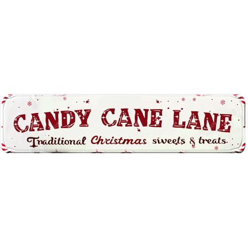 snowsun Metal Signs Candy Cane Lane Traditional Christmas Sweets and Treats Sign Vintage Tin Sign Christmas Aluminum Sign Art Decor for Home Office Garage Bar Cafe 4×16 Inches