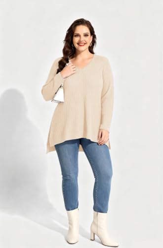 Image of RITERA Plus Size Women Sweaters Waffle Knit Pullover Top Long Sleeve Casual Crewneck Shirt Loose Split Hem Fall Winter Blouse