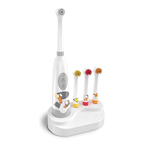 Peanuts Snoopy Electric Toothbrush Kit – Battery Powered Toothbrush with 4 Replaceable Brush Heads, High Vibration Cleaning, and Base Stand – Waterproof and Portable