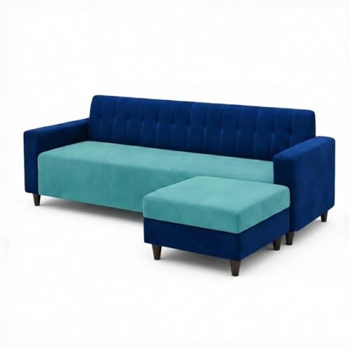 Image of FURNY Luxe 4 Seater L Shape Sofa Set with Movable Ottoman | Flexible Left or Right Layout | Plush Velvet Fabric (Dark Blue-Sky Blue) | Perfect for Living Room, Guest Room & Office