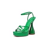 vivianly Women's Square Toe Platform High Heels Ankle Strap Chunky Block Heeled Sandals Size 9 Green