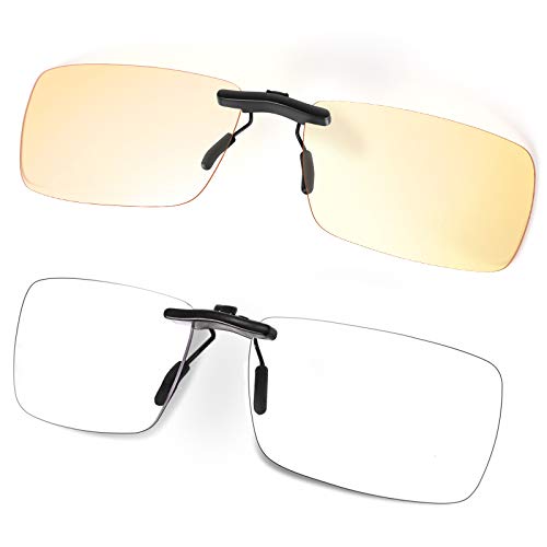 FONHCOO Clip-on Blue Light Blocking Glasses Womens Mens 2 Pack Over Prescription Glasses Frameless Lens Anti Eyestrain Headaches Computer Eyeglasses (Transparent&Yellow Blue Light Blocking Lens)