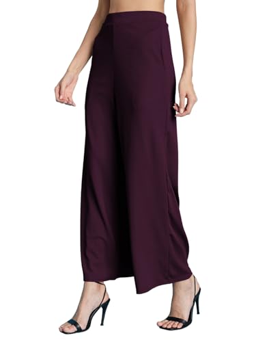 Image of Selvia Women's Solid Ribbed Lycra Elastic Regular Fit Wide-Leg Trouser
