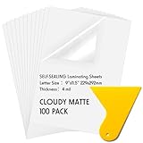 Kosiz 100 Pack Matte Self Adhesive Laminating Sheets, 9 x 11.5 Inches, 4 Mil Thick for Letter Size 8.5 x 11 Matte Finish Self Sealing Lamination Sheets, No Heat Matte Laminating Sheets, with Scraper